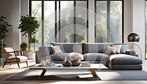 Modern Interior of a bright living room with gray sofas, a coffee table and a large window, 3D rendering,