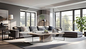 Modern Interior of a bright living room with gray sofas, a coffee table and a large window, 3D rendering,