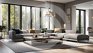 Modern Interior of a bright living room with gray sofas, a coffee table and a large window, 3D rendering,