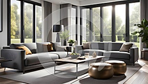 Modern Interior of a bright living room with gray sofas, a coffee table and a large window, 3D rendering,