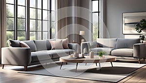 Modern Interior of a bright living room with gray sofas, a coffee table and a large window, 3D rendering,