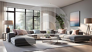 Modern Interior of a bright living room with gray sofas, a coffee table and a large window, 3D rendering,