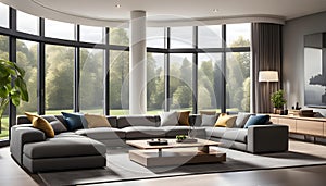 Modern Interior of a bright living room with gray sofas, a coffee table and a large window, 3D rendering,