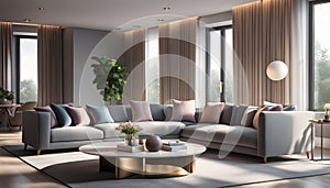 Modern Interior of a bright living room with gray sofas, a coffee table and a large window, 3D rendering,