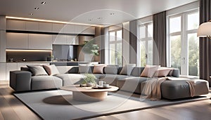 Modern Interior of a bright living room with gray sofas, a coffee table and a large window, 3D rendering,