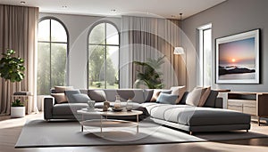 Modern Interior of a bright living room with gray sofas, a coffee table and a large window, 3D rendering,