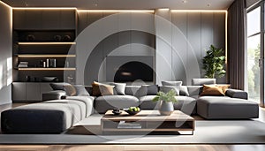 Modern Interior of a bright living room with gray sofas, a coffee table and a large window, 3D rendering,