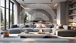 Modern Interior of a bright living room with gray sofas, a coffee table and a large window, 3D rendering,