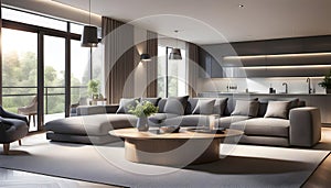 Modern Interior of a bright living room with gray sofas, a coffee table and a large window, 3D rendering,