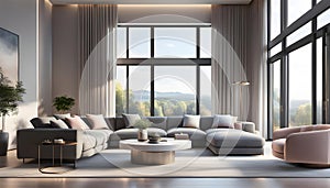 Modern Interior of a bright living room with gray sofas, a coffee table and a large window, 3D rendering,