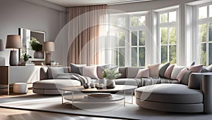 Modern Interior of a bright living room with gray sofas, a coffee table and a large window, 3D rendering,