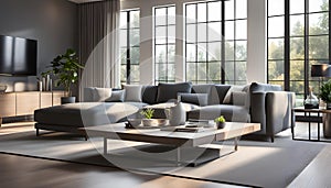 Modern Interior of a bright living room with gray sofas, a coffee table and a large window, 3D rendering,