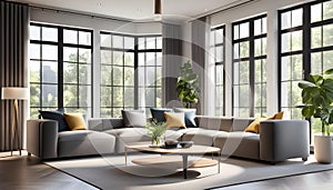 Modern Interior of a bright living room with gray sofas, a coffee table and a large window, 3D rendering,