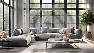 Modern Interior of a bright living room with gray sofas, a coffee table and a large window, 3D rendering,