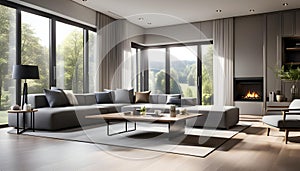 Modern Interior of a bright living room with gray sofas, a coffee table and a large window, 3D rendering,