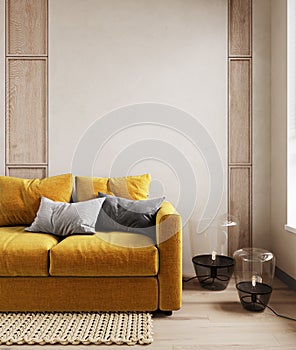 Modern interior with bright yellow sofa and decor. 3d render illustration mockup