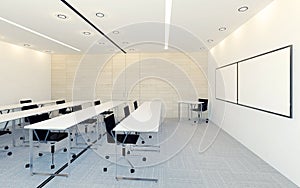 Modern interior of business conference room with blank monitor screen for presentation