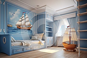 Modern interior of a children's bedroom in a nautical style