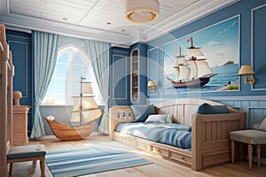 Modern interior of a children's room in a nautical style.