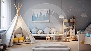 Modern interior of childrenâ€™s room, Scandinavian home design with wood furniture for kids.