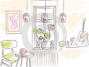 Modern interior of a coffee house of cafe with decorations Vector watercolors