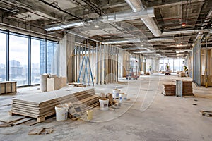 Modern Interior Construction Site With Drywall Materials And Renovation Work