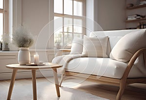 Modern interior of cosy living room with armchair in white and creamy colors.