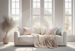 Modern interior of cosy living room with sofa in white and creamy colors.