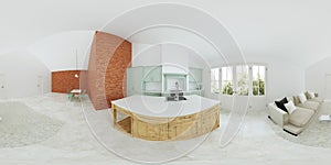 Modern interior of a country house. Light green kitchen. Panorama 360.