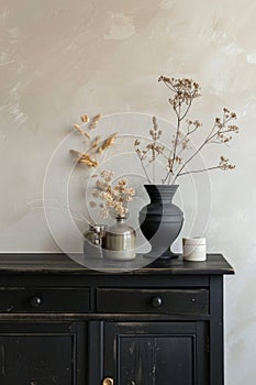 Modern interior decor with dried plants and ceramic vases on a wooden cabinet against