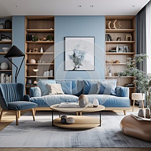 Modern interior design of apartment. Cozy living room with blue sofa, coffee tables, bookshelf and armchairs