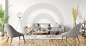 Modern interior design of apartment. Cozy living room with gray sofa, coffee tables and armchairs. Home. 3d rendering