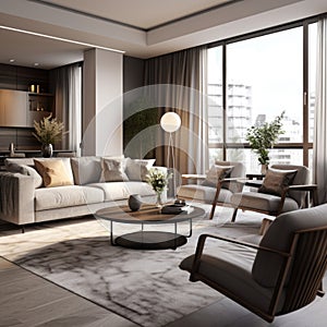 Modern interior design of apartment. Cozy living room with gray sofa, coffee tables and armchairs. Home. 3d rendering