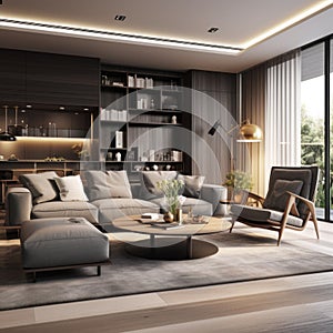 Modern interior design of apartment. Cozy living room with gray sofa, coffee tables and armchairs. Home. 3d rendering