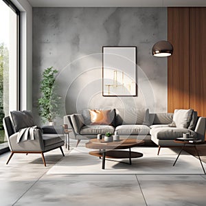 Modern interior design of apartment. Cozy living room with gray sofa, coffee tables and armchairs. Home. 3d rendering