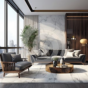 Modern interior design of apartment. Cozy living room with gray sofa, coffee tables and armchairs. Home. 3d rendering