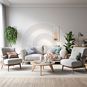 Modern interior design of apartment. Cozy living room with gray sofa, coffee tables and armchairs. Home. 3d rendering