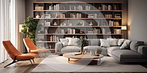Modern interior design of apartment. Cozy living room with gray sofa, coffee tables, bookshelf and armchairs