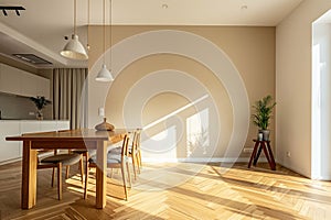 Modern interior design of apartment, dining room with table and chairs, empty living room with beige wall, panorama