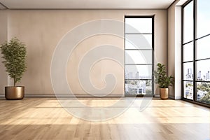 Modern interior design of apartment, empty living room with beige wall, panorama.