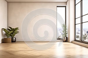 Modern interior design of apartment, empty living room with beige wall, panorama.