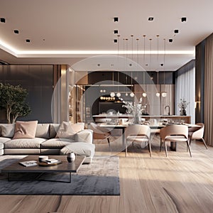 Modern interior design of apartment, living room with sofa, dining room and hall, panorama. Contemporary home