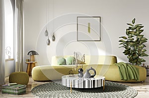 Modern interior design of apartment, living room with yellow sofa. Accent coffee table. Home interior with rug. 3d rendering