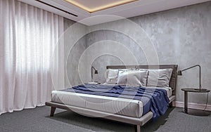 Modern interior design of basement bedroom with small window, king size bed with bed sheets, carpet flooring