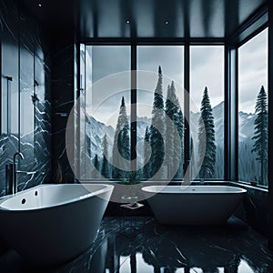 Modern Interior Design Of Bathroom With Marble, Decorative Wall And Bathtub, large Panoramic Window With View, Generative AI