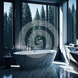 Modern Interior Design Of Bathroom With Marble, Decorative Wall And Bathtub, large Panoramic Window With View, Generative AI