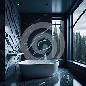 Modern Interior Design Of Bathroom With Marble, Decorative Wall And Bathtub, large Panoramic Window With View, Generative AI
