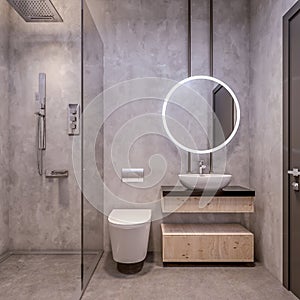 Modern interior design of bathroom vanity, all walls made of stone slabs with circle mirrors, minimalist and clean