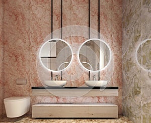 Modern interior design of bathroom vanity, all walls made of stone slabs with circle mirrors photo