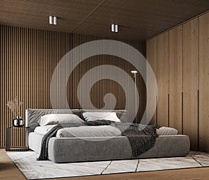 Modern interior design of bedroom. Bedroom with wooden walls and ceiling.